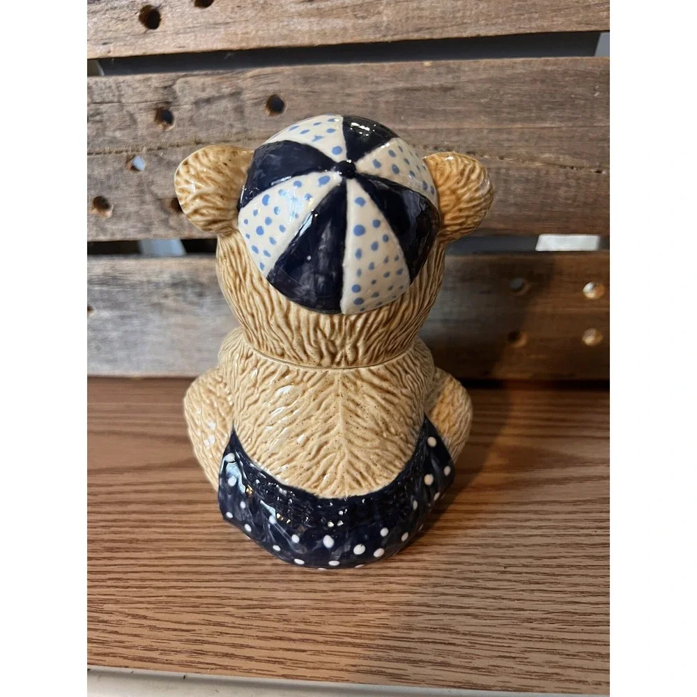 Ceramic Brown Bear Honey Pot with Hat Glazed ceramic Handpainted MCM‎ 1979
